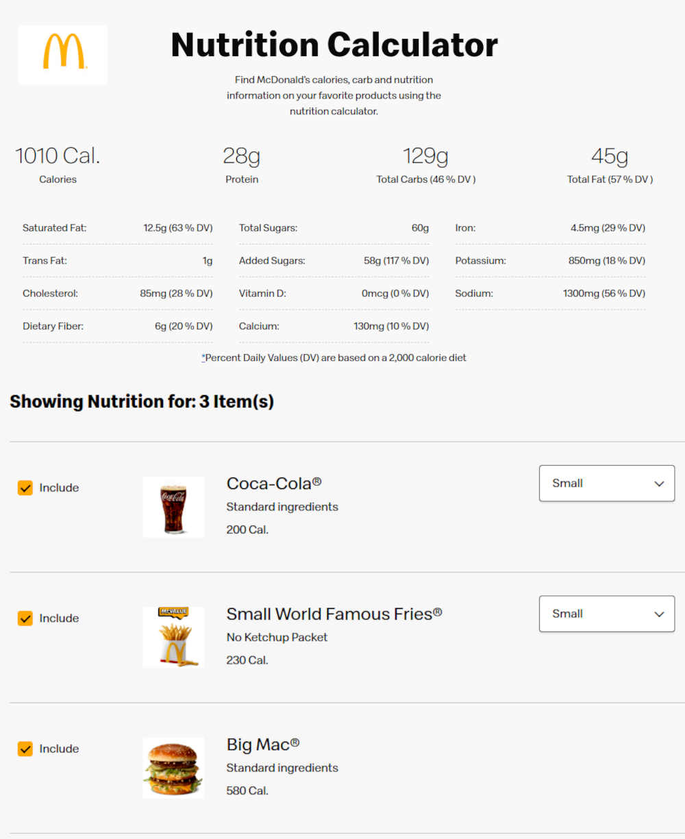 Calories in a Big Mac, Small McDonald's Fries, and Small Coke